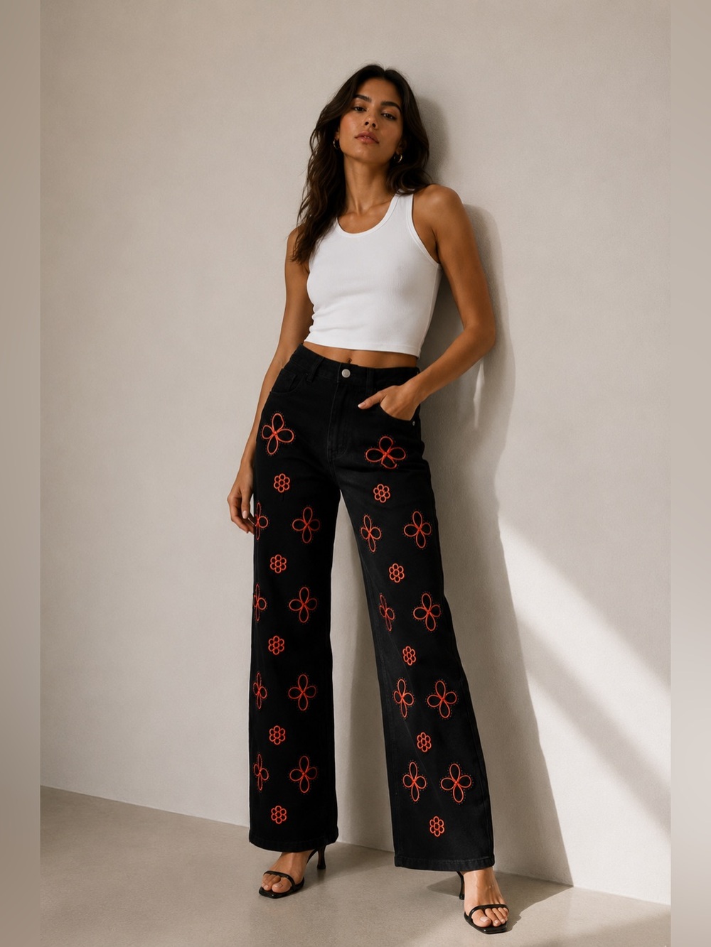 Blogger favorite Black Embroidered Straight Leg High Waist Statement Jeans
